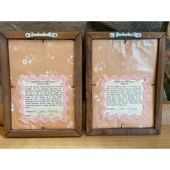 2 Vintage Framed 1979 Hand Stitched Floral Art.Violets & Begonias Signed on back - Picture 4 of 6